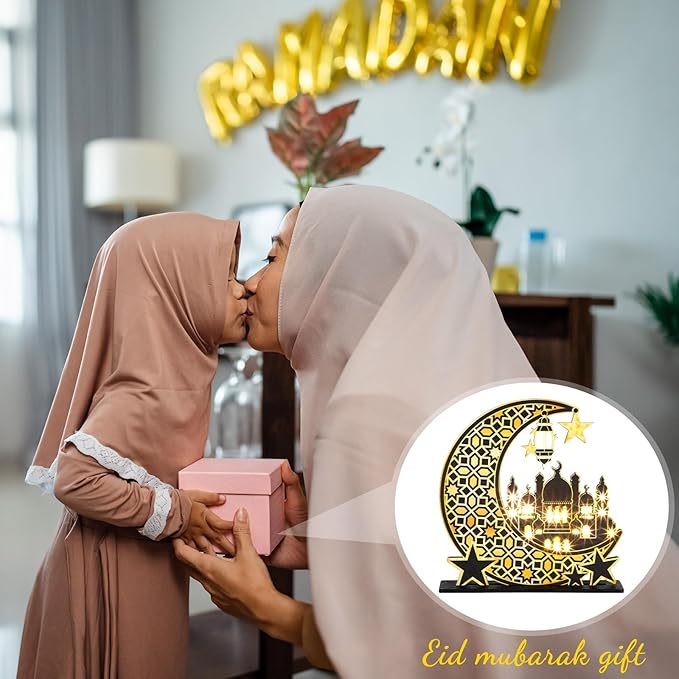 Capoda Eid Craft Night Light Ramadan Mubarak Table Decor 3D Wooden Moon Star LED Light Decor, Mosque Lamp Eid al-Fitr Ornament Gift for Muslim Ramadan Islamic Wall Decor Table Centerpiece(Black) - LeafyLoom