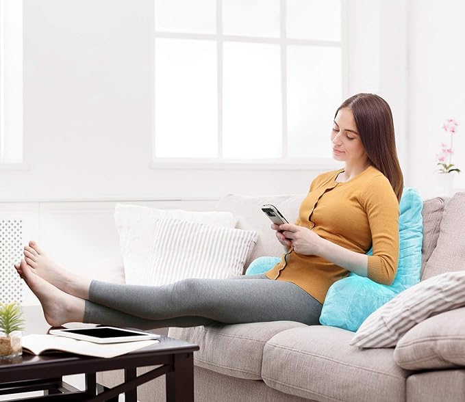 Clara Clark Reading Pillow, Standard Back Pillow for Sitting Up in Bed, Memory Foam Back Support Pillow, Reading Pillows for Sitting in Bed, Light Blue Sit Up Pillow for Bed, Arm Pillow with Pockets - LeafyLoom