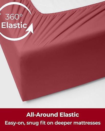 Mellanni Extra Deep Twin Sheets - 3 PC Iconic Collection Bedding Sheets & Pillowcases - Hotel Luxury, Ultra Soft, Cooling Bed Sheets - Extra Deep Pocket up to 21 inch (Twin, Brick Red) - LeafyLoom