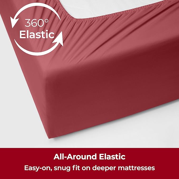 Mellanni Extra Deep Twin Sheets - 3 PC Iconic Collection Bedding Sheets & Pillowcases - Hotel Luxury, Ultra Soft, Cooling Bed Sheets - Extra Deep Pocket up to 21 inch (Twin, Brick Red) - LeafyLoom