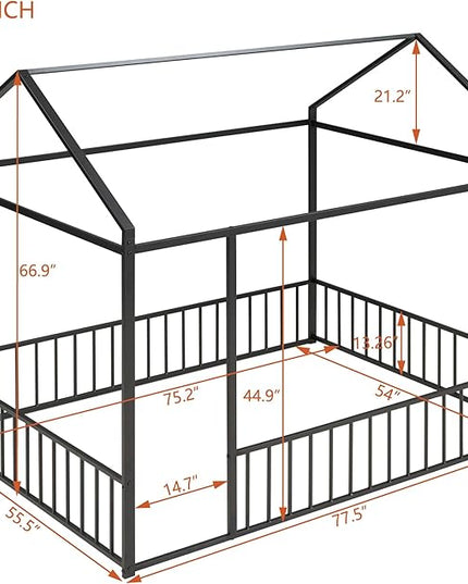 RITSU Full Size Montessori Floor Bed, Metal House Bedframe with Fence, Robust Construction is Used, for Children'S Rooms, Boys Girls, No Box Spring Needed, Easy Assembly, Black - LeafyLoom
