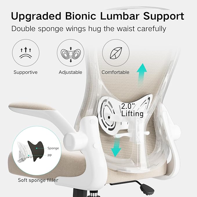 Hbada Office Chair Ergonomic Desk Chair, Office Desk Chairs with PU Silent Wheels, Breathable Mesh Computer Chair with Adjustable Lumbar Support, Flip-up Armrests, Tilt Function, Grey - LeafyLoom