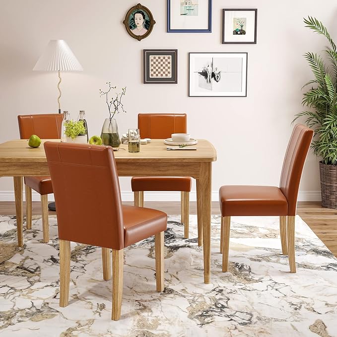 Soohow Upholstered Set of 2, Indoor Room Armless Kitchen Table Parson Chairs Set of 4 with Solid Wood Legs, Dining Chiar 4pcs, Brown Leather - LeafyLoom