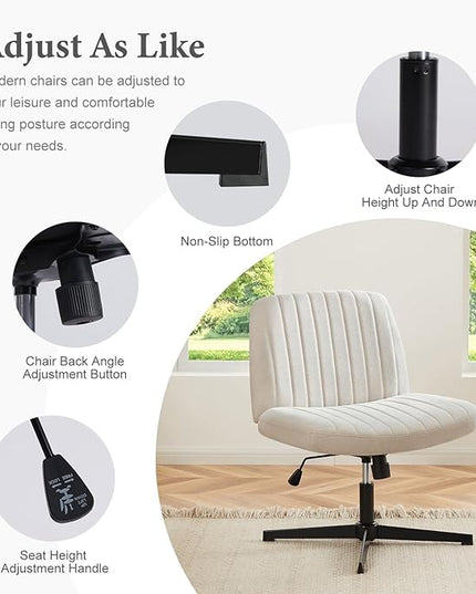 Sweetcrispy Criss Cross Chair Legged, Armless Office Desk Chair No Wheels, Swivel Vanity Chair, Height Adjustable Wide Seat Computer Task Chair, Fabric Vanity Modern Home Chair Beige - LeafyLoom