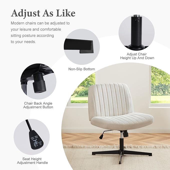 Sweetcrispy Criss Cross Chair Legged, Armless Office Desk Chair No Wheels, Swivel Vanity Chair, Height Adjustable Wide Seat Computer Task Chair, Fabric Vanity Modern Home Chair Beige - LeafyLoom