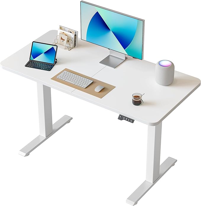 FAMISKY Standing Adjustable Desk Home Office Desk, 44 x 24 Inches Height Adjustable Desk, Ergonomic Home Office Computer Workstation with Splice Board, White - LeafyLoom