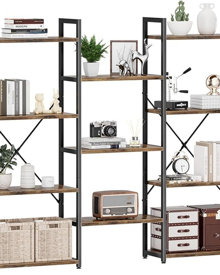 NUMENN Triple Wide 4 Tier Bookshelf, Adjustable Rustic Industrial Style Bookcases with 11 Open Display Shelves, Modern Tall Bookcase Furniture for Bedroom, Living Room and Home Office, Vintage - LeafyLoom