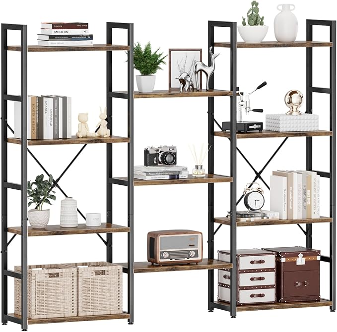 NUMENN Triple Wide 4 Tier Bookshelf, Adjustable Rustic Industrial Style Bookcases with 11 Open Display Shelves, Modern Tall Bookcase Furniture for Bedroom, Living Room and Home Office, Vintage - LeafyLoom