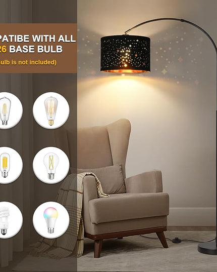 Modern Arc Floor Lamp, Tall Pole Lamp with Black Stars Lampshade, Arched Reading Light with Adjustable Lamp Head, Over Couch Hanging Light Corner Lamp for Living Room, Bedroom, Office (Black) - LeafyLoom