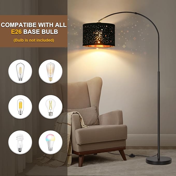 Modern Arc Floor Lamp, Tall Pole Lamp with Black Stars Lampshade, Arched Reading Light with Adjustable Lamp Head, Over Couch Hanging Light Corner Lamp for Living Room, Bedroom, Office (Black) - LeafyLoom