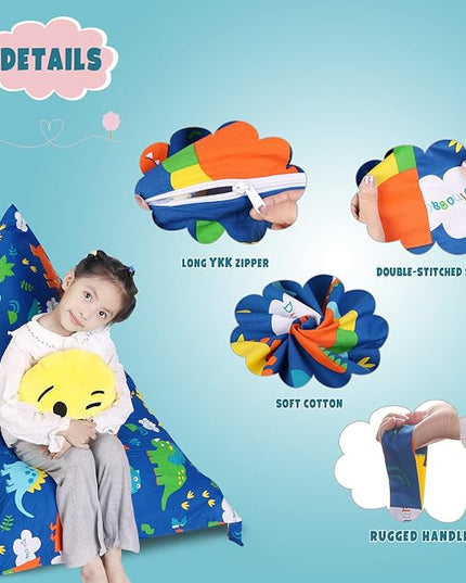 Stuffed Animal Storage Bean Bag Chair Cover, Cotton Blue Dinosaur Plush Toy Storage Stuff and Sit Seat for Kids/Teens/Adults, 52" x 31" Extra Large Triangle Floor Sofa, 200L/52Gal, Cover Only - LeafyLoom