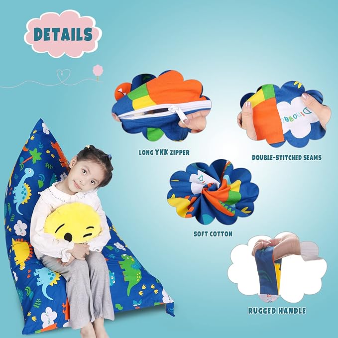Stuffed Animal Storage Bean Bag Chair Cover, Cotton Blue Dinosaur Plush Toy Storage Stuff and Sit Seat for Kids/Teens/Adults, 52" x 31" Extra Large Triangle Floor Sofa, 200L/52Gal, Cover Only - LeafyLoom
