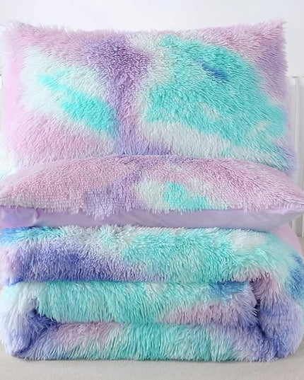WINLIFE Shaggy Bedding Comforter Set Faux Fur Flannel Furry Comforter Plush Comforter Sets Pastel Gradient Ombre Tie Dye Purple Blue Teal Bedding for Girls Adults (3Pcs, Twin, Teal Purple) - LeafyLoom