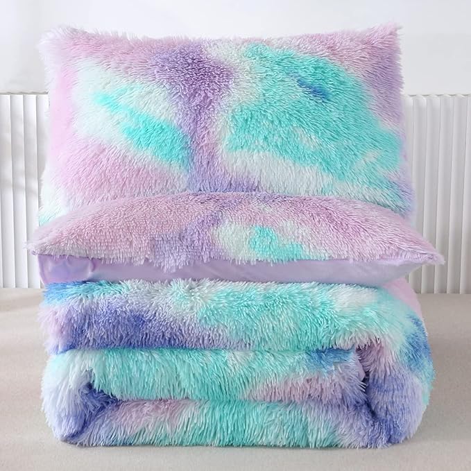 WINLIFE Shaggy Bedding Comforter Set Faux Fur Flannel Furry Comforter Plush Comforter Sets Pastel Gradient Ombre Tie Dye Purple Blue Teal Bedding for Girls Adults (3Pcs, Twin, Teal Purple) - LeafyLoom