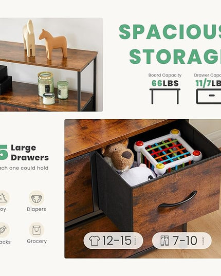 ANTONIA TV Stand Dresser for Bedroom with 5 Fabric Drawer, Entertainment Center for 45 inch Television, Media Console Table with Storage, Open Shelf, Adjustable Feet, Living Room Furniture, Brown - LeafyLoom