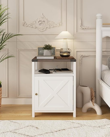 Farmhouse Nightstand Set of 2 with Charging Station, Rustic End Table Bedroom with Storage Living Room Side Table White Night Stand Industrial Bedside Bed Table with USB Ports and Outlets - LeafyLoom