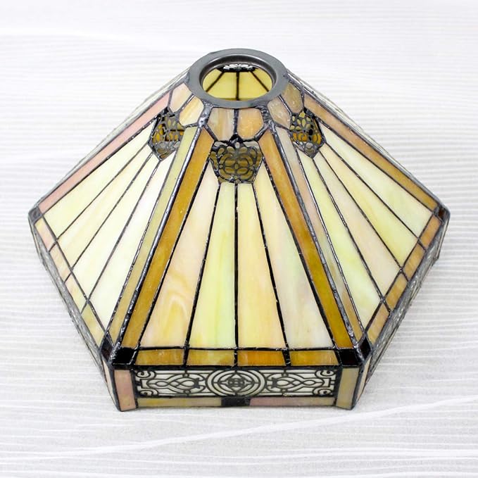 WERFACTORY Tiffany Floor Lamp Yellow Hexagon Stained Glass Mission Light 12X12X66 Inches Torchiere Standing Corner Torch Uplight Decor Bedroom Living Room Home Office S011 Series - LeafyLoom