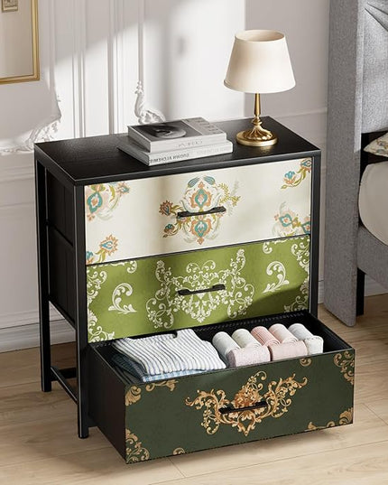 Nightstand, End Table, Bedside Table, Small Tall Boho Dresser for Bedroom with 3 Drawer, Chest of Drawers Fabric Dressers with Wood Top for Closet, Living Room, Retro Flower - LeafyLoom