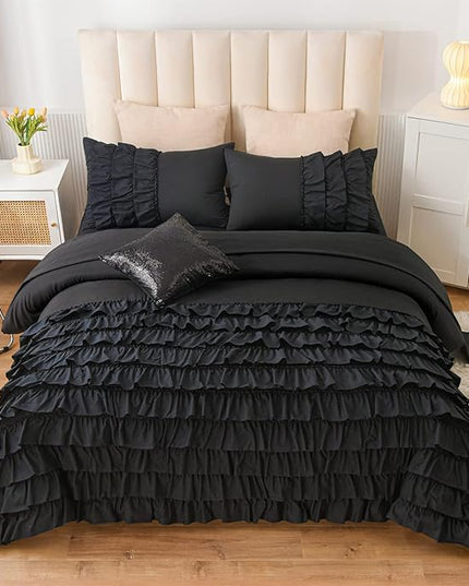 A Nice Night Waterfall Flutter Ruffle Comforter Sets,Ruffled Textured Chic Princess 6pcs Bedding Set,with Bling Shiny Sequin Throw Pillow Case,Black,Full - LeafyLoom