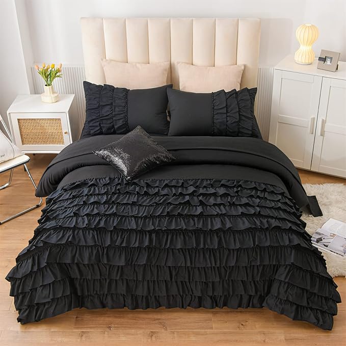 A Nice Night Waterfall Flutter Ruffle Comforter Sets,Ruffled Textured Chic Princess 6pcs Bedding Set,with Bling Shiny Sequin Throw Pillow Case,Black,Full - LeafyLoom