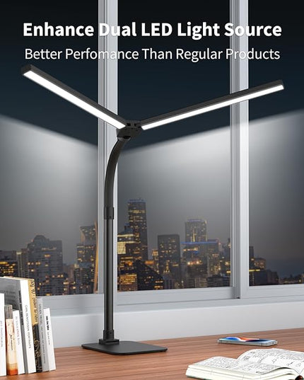 Desk Lamp Architect Task Dual Head Modern Flexible Gooseneck Tall Dimmable Light for Home Office, 5 Color Modes,Remote Control, 1500lm 24W Extra Bright Lighting - LeafyLoom