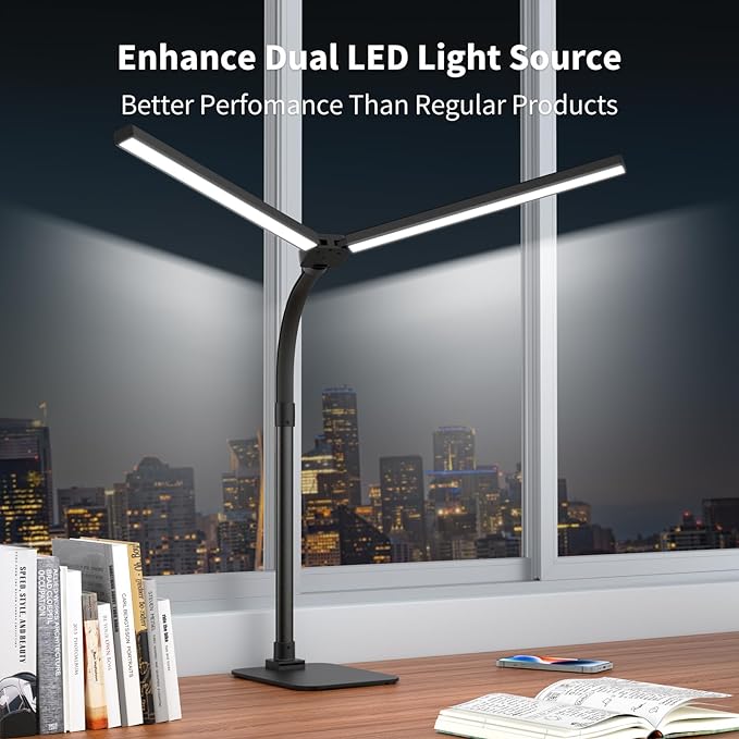 Desk Lamp Architect Task Dual Head Modern Flexible Gooseneck Tall Dimmable Light for Home Office, 5 Color Modes,Remote Control, 1500lm 24W Extra Bright Lighting - LeafyLoom