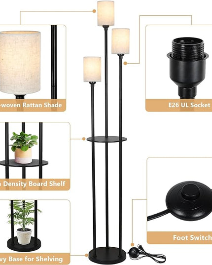 Floor Lamp with Shelves, Modern Floor Lamps for Living Room, 3-Lights Standing Lamp with Linen Shade and Foot Switch, Industrial Standing Lamps for Bedroom, Black Tall Table Lamp for Office - LeafyLoom