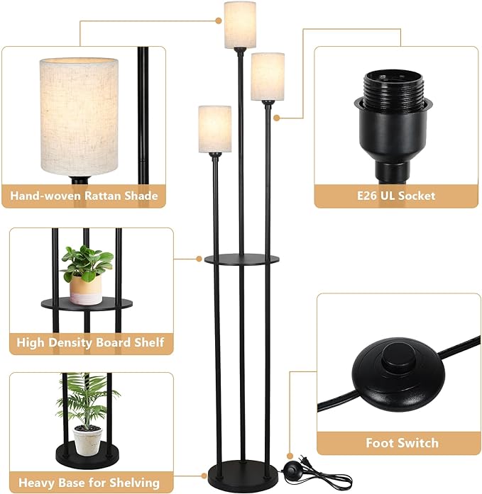 Floor Lamp with Shelves, Modern Floor Lamps for Living Room, 3-Lights Standing Lamp with Linen Shade and Foot Switch, Industrial Standing Lamps for Bedroom, Black Tall Table Lamp for Office - LeafyLoom