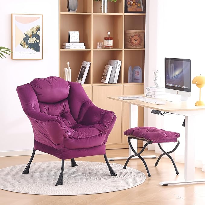 LITA Lazy Chair with Ottoman, Modern Accent Leisure Upholstered Sofa Chair, Contemporary Lounge Reading Chair with Armrests and a Side Pocket for Living Room, Bedroom & Small Space - LeafyLoom