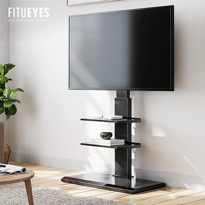 FITUEYES Iron Base Universal Floor TV Stand with Swivel Mount Space Saving for 26-65 Inch LED LCD OLED Plasma Flat Panel or Curved Screen TVs Height Adjustable Wire Management with 2 Shelves Black - LeafyLoom