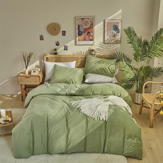 Sage Velvet Comforter Sets Solid Sage Green Flannel Bedding Set Cal King Women 3 Pieces Sage Green Velvet Blanket Winter Bedding Set Men Sage Green Flannel Bed Comforter Set Cal King Bedding - LeafyLoom