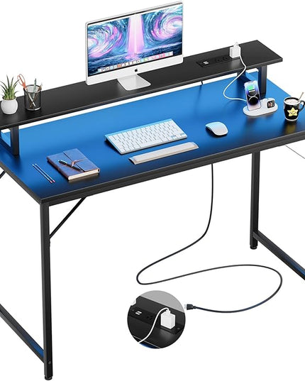 47 inch Computer Desk with Power Outlets, Gaming Desk with LED Lights, Home Office Work Desk with Monitor Shelf, Modern Office Desk Study Writing Table for Small Spaces, Black - LeafyLoom