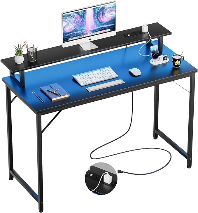 47 inch Computer Desk with Power Outlets, Gaming Desk with LED Lights, Home Office Work Desk with Monitor Shelf, Modern Office Desk Study Writing Table for Small Spaces, Black - LeafyLoom
