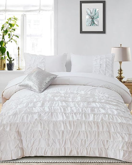 A Nice Night Waterfall Flutter Ruffle Comforter Set,Ruffled Textured Soft Chic Princess 6pcs Bedding Set,with Bling Shiny Sequin Throw Pillow Case,White,Twin - LeafyLoom