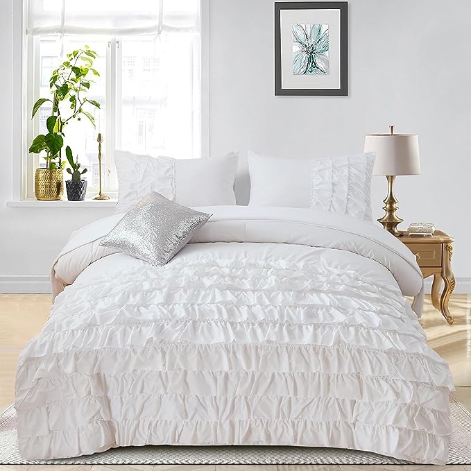 A Nice Night Waterfall Flutter Ruffle Comforter Set,Ruffled Textured Soft Chic Princess 6pcs Bedding Set,with Bling Shiny Sequin Throw Pillow Case,White,Twin - LeafyLoom