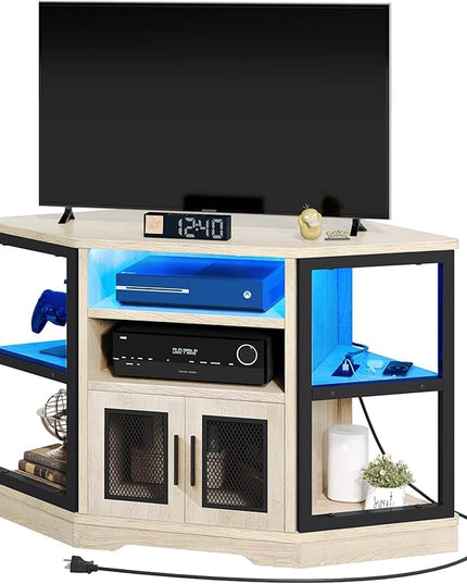 YITAHOME RGB LED Corner TV Stand for TVs up to 55/50 Inch with Power Outlet, Modern Farmhouse Entertainment Center, Wood TV Media Console with Storage Shelves for Living Room, White Oak - LeafyLoom
