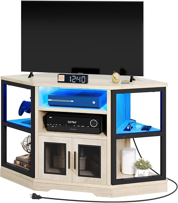 YITAHOME RGB LED Corner TV Stand for TVs up to 55/50 Inch with Power Outlet, Modern Farmhouse Entertainment Center, Wood TV Media Console with Storage Shelves for Living Room, White Oak - LeafyLoom