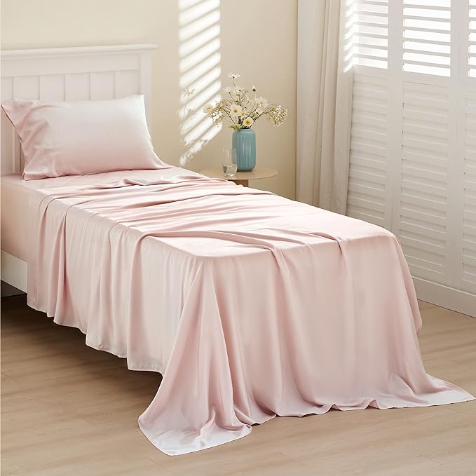 Bedsure Twin XL Sheet Set Dorm Bedding, Cooling Sheets Twin Extra Long Sheets, Rayon Derived from Bamboo, Deep Pocket Up to 16", Hotel Luxury Silky Bedding Sheets & Pillowcases, Pink - LeafyLoom