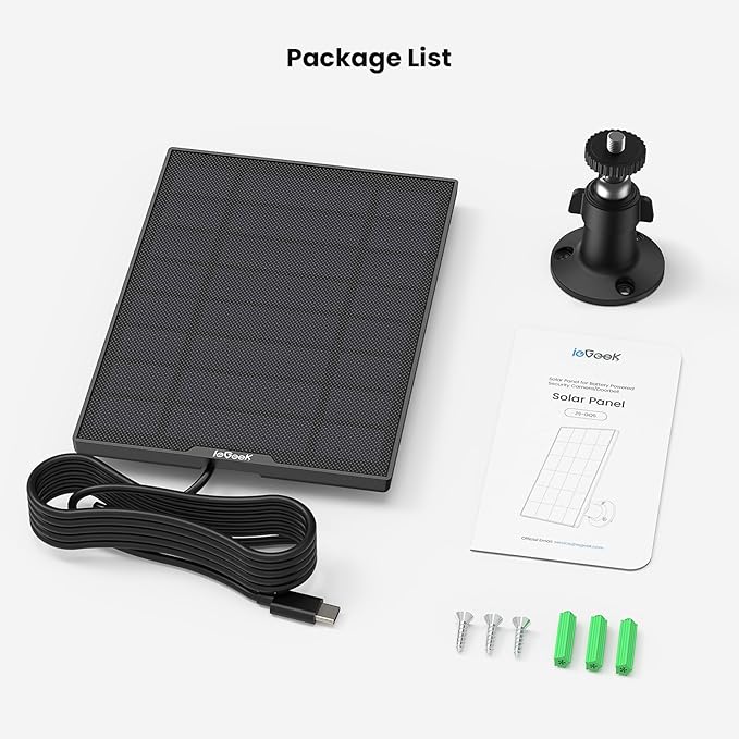 ieGeek Solar Panel for Wireless Outdoor Security Camera, Compatible with DC 5V Rechargeable Battery Powered Surveillance Cam,5V 1A 3W Type C Port, 9.5ft Cable, Adjustable Mounting Bracket(No Camera) ieGeek
