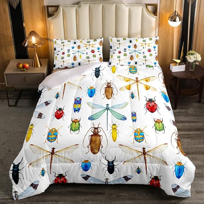 Kids Dragonfly Down Comforter, Ladybug Insect Comforter Set Twin Size for Children Boys Girls Teens, Reptile Pattern Bedding Comforters Colorful Lightweight Duvet Insert Dragonfly Gifts for Women - LeafyLoom