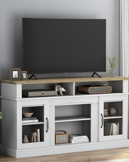 58 Inch TV Stand, Television Stands with 2 Tempered Glass Doors, Storage Cabinet and Shelves, Entertainment Center for Living Room, White+Wood - LeafyLoom