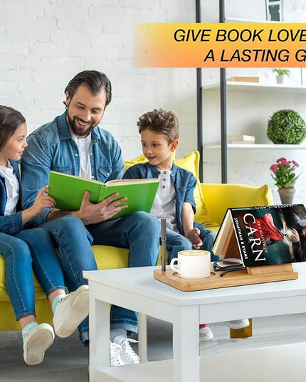 Book Holder, Triangle Small Bookshelf, Unique Book Nook Reading Valet with Cup, Glasses & Pen Holder, Wooden Mini Bookshelf, Book Lovers Gift Ideas - LeafyLoom