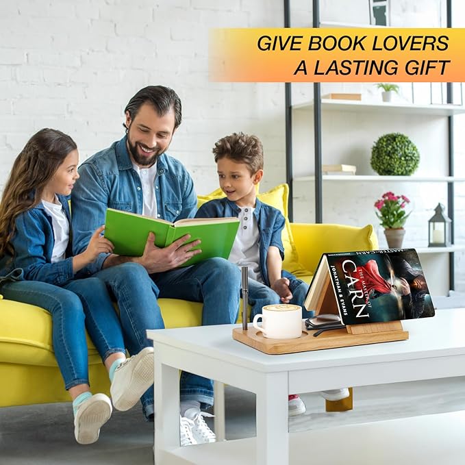 Book Holder, Triangle Small Bookshelf, Unique Book Nook Reading Valet with Cup, Glasses & Pen Holder, Wooden Mini Bookshelf, Book Lovers Gift Ideas - LeafyLoom