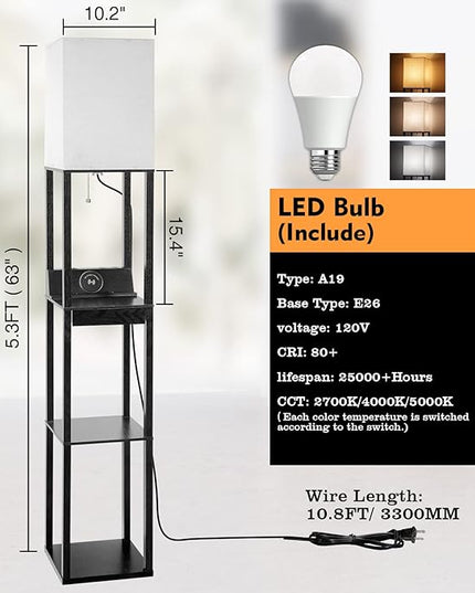 Floor Lamp with Shelves, RUNTOP LED Shelf Floor Lamp with Wireless Charger & 2 Charging USB Ports & Drawer, AC Outlet, 3 Color Temperature Tall Standing Lamp with Bulb for Living Room, Bedroom, Office - LeafyLoom