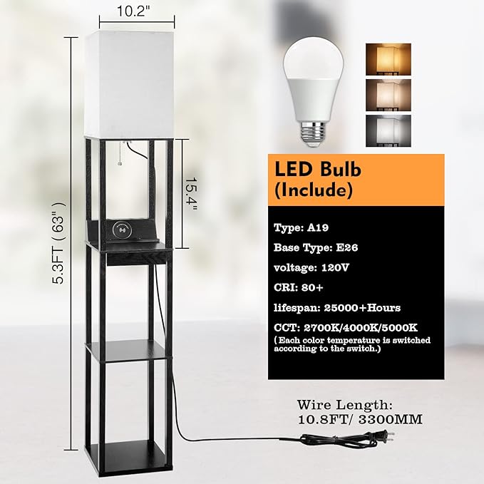 Floor Lamp with Shelves, RUNTOP LED Shelf Floor Lamp with Wireless Charger & 2 Charging USB Ports & Drawer, AC Outlet, 3 Color Temperature Tall Standing Lamp with Bulb for Living Room, Bedroom, Office - LeafyLoom