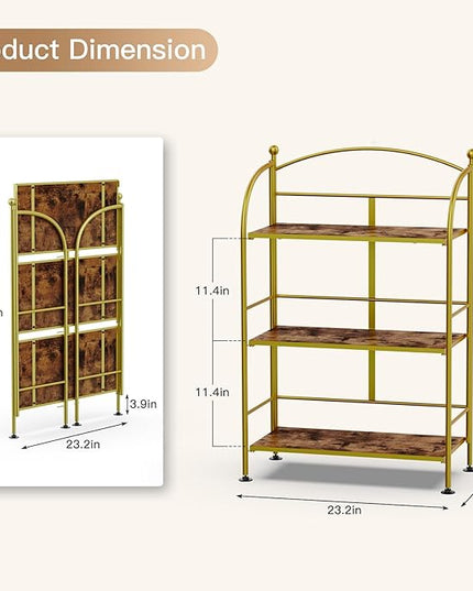 FRAPOW Folding Bookshelf No Assembly, 3 Tier Shelf Gold Collapsible Bookcase, Arched Metal Display Portable Book Shelf with Storage Shelves for Bedroom, Living Room, Home Office - LeafyLoom