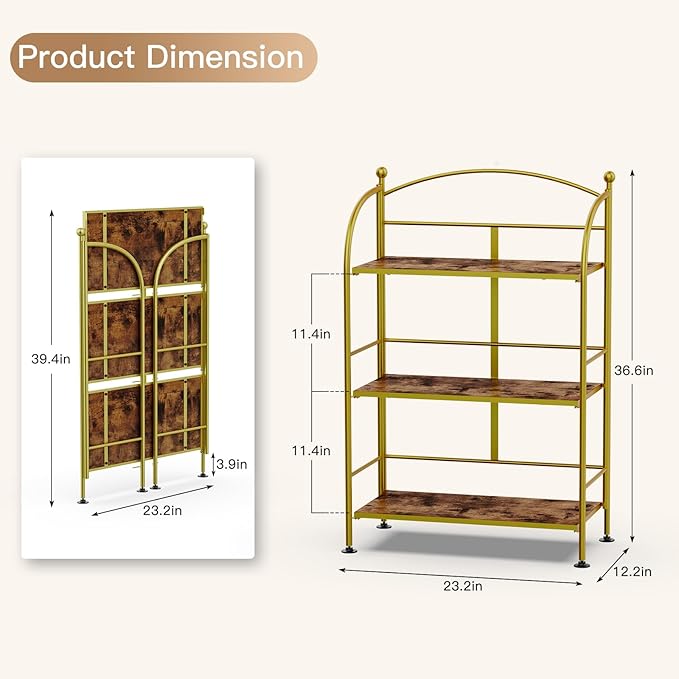 FRAPOW Folding Bookshelf No Assembly, 3 Tier Shelf Gold Collapsible Bookcase, Arched Metal Display Portable Book Shelf with Storage Shelves for Bedroom, Living Room, Home Office - LeafyLoom
