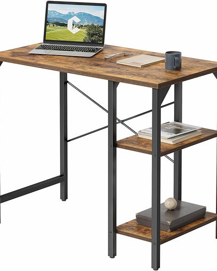 CubiCubi Small Computer Desk, 35 Inch Home Office Desk with 2 Storage Shelves on Left or Right Side, Study Writing Desk with Storage Board, Rustic Brown - LeafyLoom