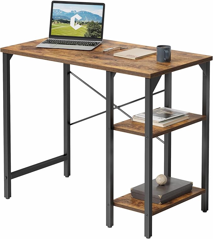 CubiCubi Small Computer Desk, 35 Inch Home Office Desk with 2 Storage Shelves on Left or Right Side, Study Writing Desk with Storage Board, Rustic Brown - LeafyLoom