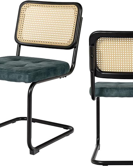 Mid Century Modern Dining Chairs Set of 2, Rattan Cantilever Kitchen Chairs, Dining Room Chairs Blue Upholstered, Solid Wood Cane Back, Black Stainless Chrome Base Heavy Duty - LeafyLoom